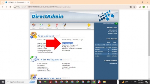 Chọn FTP Management để tạo tài khoản FTP Server trên DirectAdmin