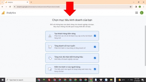 Chọn mục tiêu kinh doanh trên Google Analytics Chọn mục tiêu kinh doanh trên Google Analytics