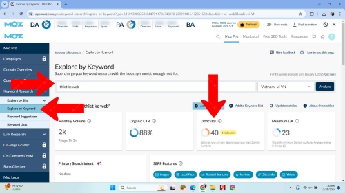 Kiểm tra Keyword Difficulty trên Moz