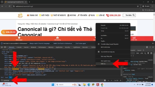 Kiểm tra phần tử để xem thẻ Canonical
