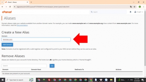 Nhập tên miền để tạo Parked Domain trên cPanel