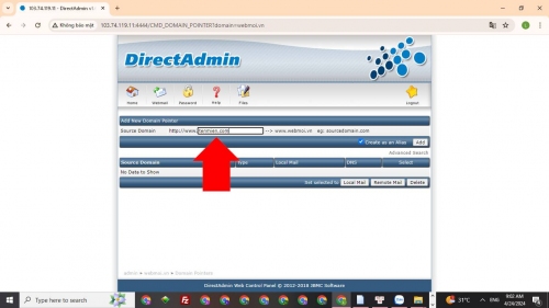 Nhập tên miền để tạo Parked Domain trên DirectAdmin