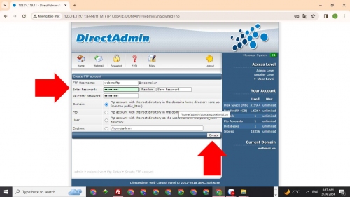 Nhập thông tin tài khoản FTP Server trên DirectAdmin