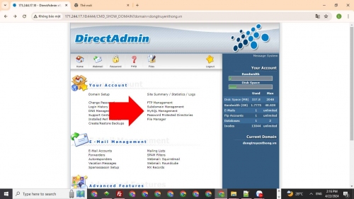 Quản lý Mysql bằng tài khoản người dùng trên DirectAdmin