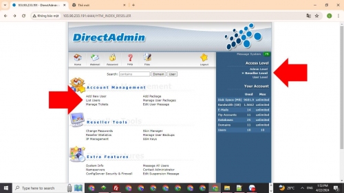 Quản lý người dùng bằng tài khoản đại lý trên DirectAdmin