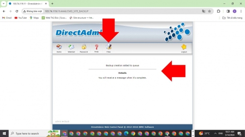 Thông báo đang tạo Backup