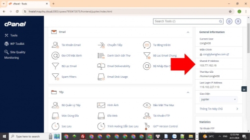 Xem IP host cPanel để kết nối FileZilla