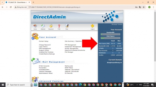 Xem thông số của Disk Space trên DirectAdmin Xem thông số của Disk Space trên DirectAdmin
